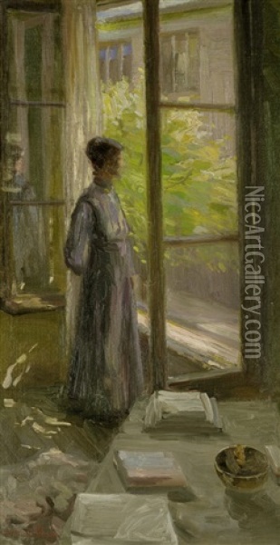 Erwartung - Junge Frau An Einem Geoffneten Fenster Oil Painting - Hermann Sandkuhl