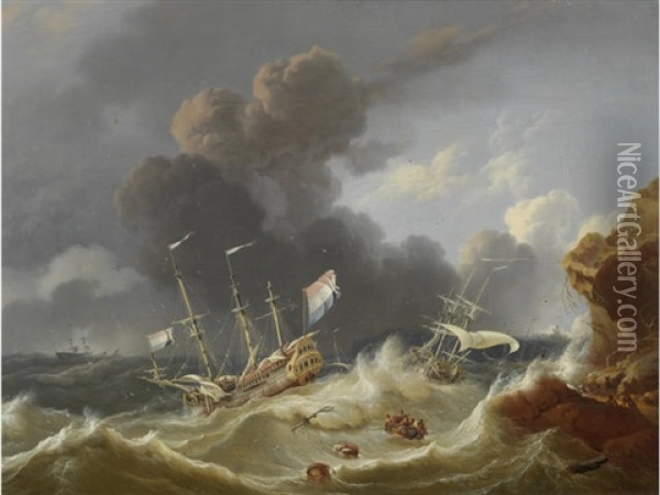 A Dutch Man O'war Foundering In Stormy Seas Oil Painting - Hendrik Rietschoof