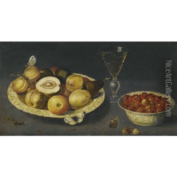 A Still Life With Strawberries, Pears And Peaches In Two Porcelain Bowls On A Table With A Wineglass And Butterflies Oil Painting - Osias Beert the Elder