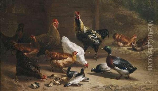 Poultry In A Stable Oil Painting - Carl Jutz
