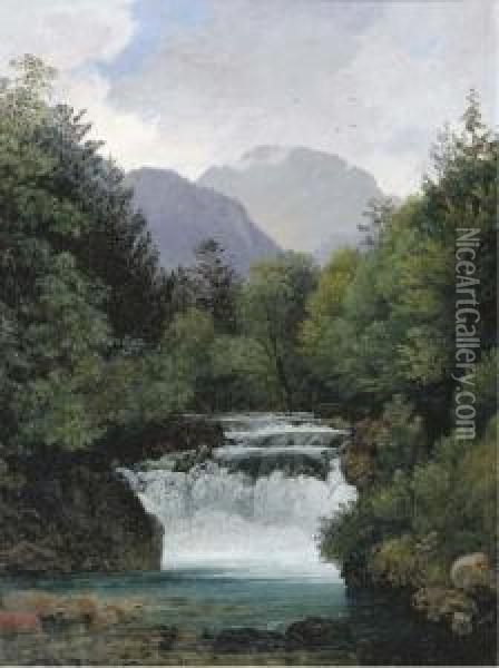 Isarwasserfalle Bei Mittenwald: A Waterfall Oil Painting - Ernst Kaiser