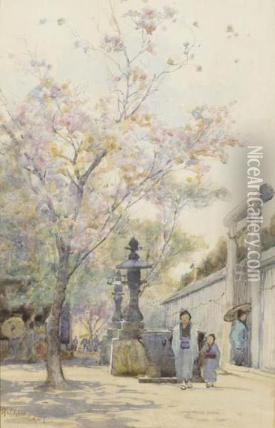 A Japanese Street Scene With Trees In Blossom Oil Painting - Sir Alfred East