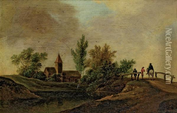 Landschaft Mit Kirche, Brucke Und Reiter Oil Painting - Jan van Goyen