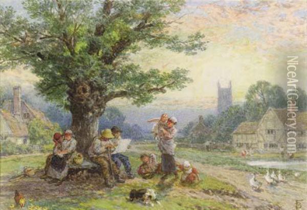 Figures And Children Beneath A Tree In A Village Oil Painting - Myles Birket Foster
