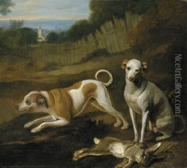 A Couple Of Hounds With A Dead Hare, In A Landscape, With A Church Beyond Oil Painting - Francis Barlow