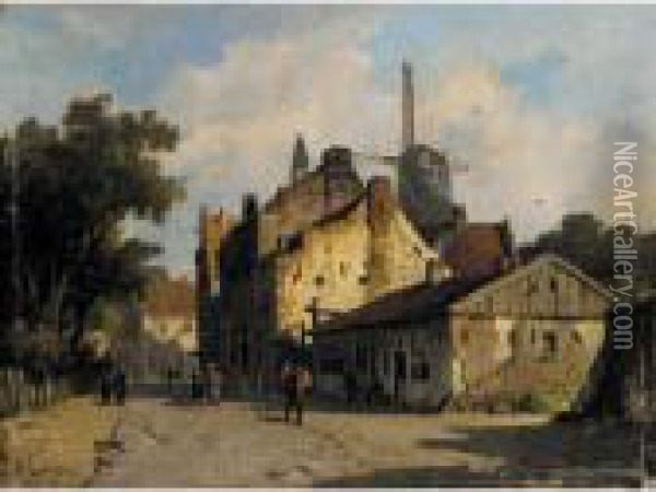 Village Scene With A Windmill Oil Painting - Adrianus Eversen