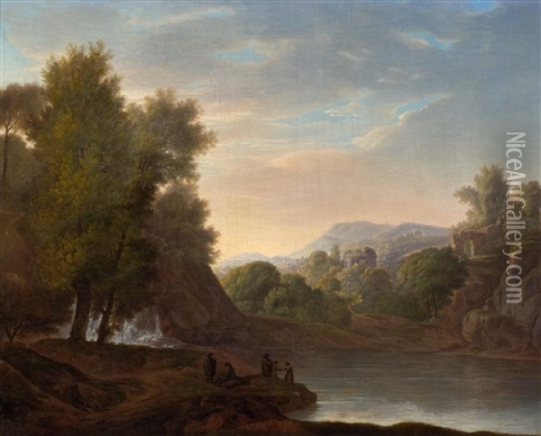 Idyllic Landscape With Waterfall, Ruins And Staffage Oil Painting - Jacob Philipp Hackert