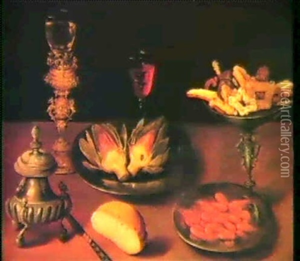 A Halved Artichoke And Shrimpson Pewter Plates, Pastry On A Tazza, A Roemer On A Silver- Gilt Stand, A Salt Cellar,more Oil Painting - Osias Beert the Elder