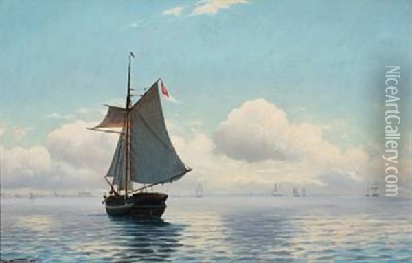 Seascape With Sailing Ship In Calm Weather Oil Painting - Johan Jens Neumann