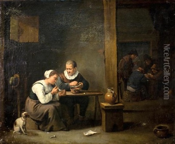 Man And Woman Smoking A Pipe Oil Painting - David Teniers Iv