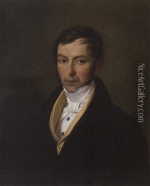 Portrait Of Louis Joseph De Rouvrey In A Black Coat And Yellow Waistcoat Oil Painting - Jules Vernet