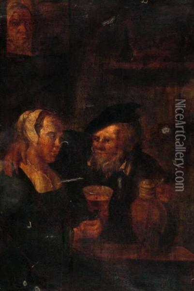 Tavern Interior With Serving Wench And Toper At A Table, As A Hag Looks On Oil Painting - David The Younger Teniers