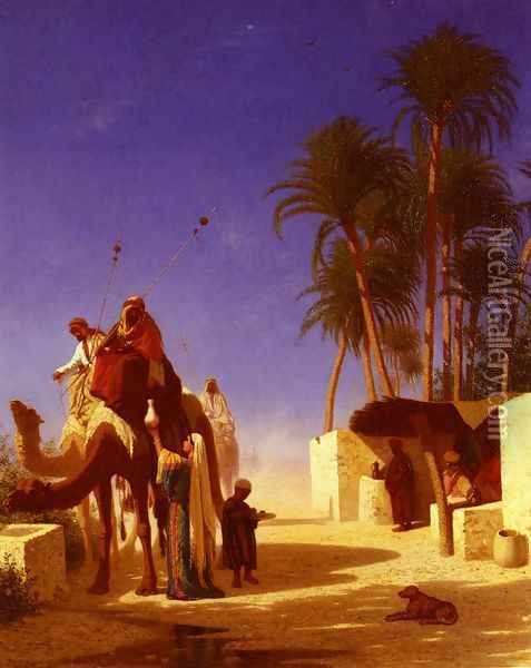 Les Chameliers Buvant Le The (Camel Drivers Drinking from the Wells) Oil Painting - Charles Theodore Frere