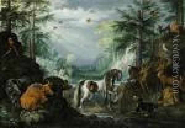 Paradisiacal Landscape With Animals And Saint Hubertus. Oil Painting - Roelandt Jacobsz Savery