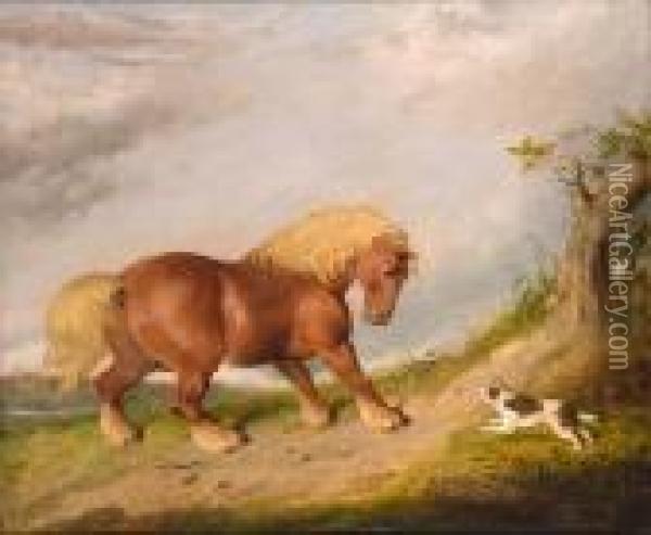 Portrait Of A Suffolk Punch With A Terrier Oil Painting - Martin Theodore Ward