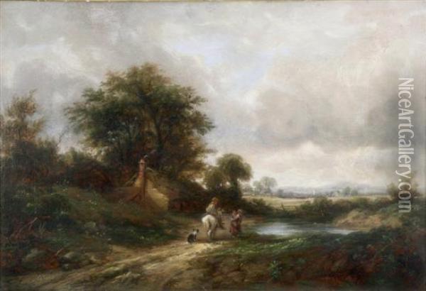 Rural Scene With Children And A Horse Outside A Cottage Ex Davidmessum Oil Painting - Frederick Waters Watts