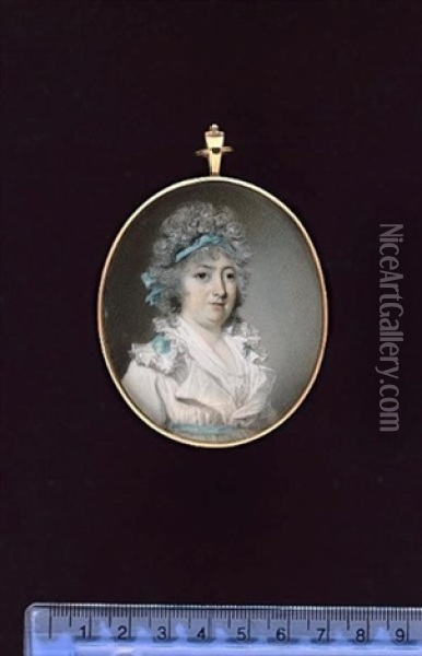 Mrs David Garrick, Nee Mlle Eva Maria Violetti Veigel, Wearing White Dress With Large Frilled Collar, Trimmed With Blue Ribbon, Matching Waistband And Ribbon In Her Powdered Hair Oil Painting - George Engleheart