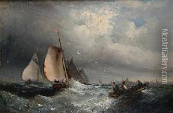 Shipping Off The Coast In Fair Weather And Instormy Seas Oil Painting - Charles Thorneley