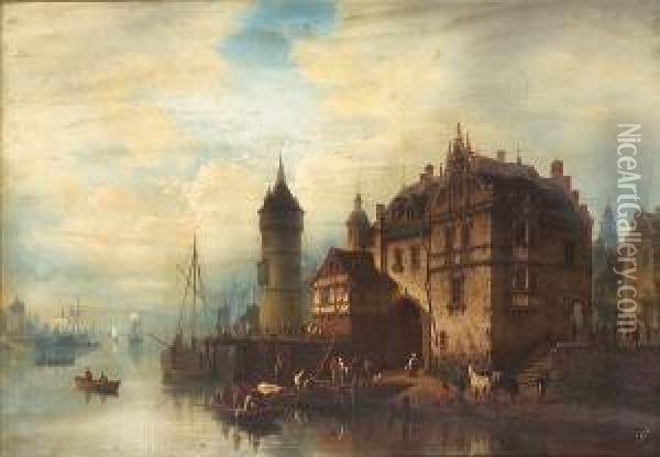 A Town On A River With Figures Gathered On The Bank And Shipping Beyond Oil Painting - Hermann Meyerheim