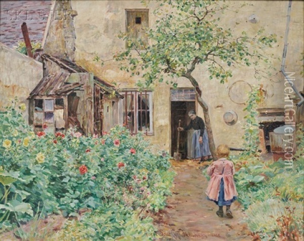 Mother And Child In A French Cottage Garden Oil Painting - Albert Scott Cox
