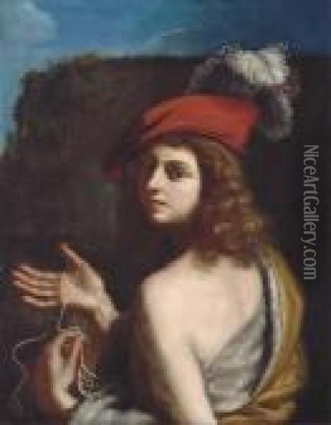 David Holding A Sling Oil Painting - Guercino