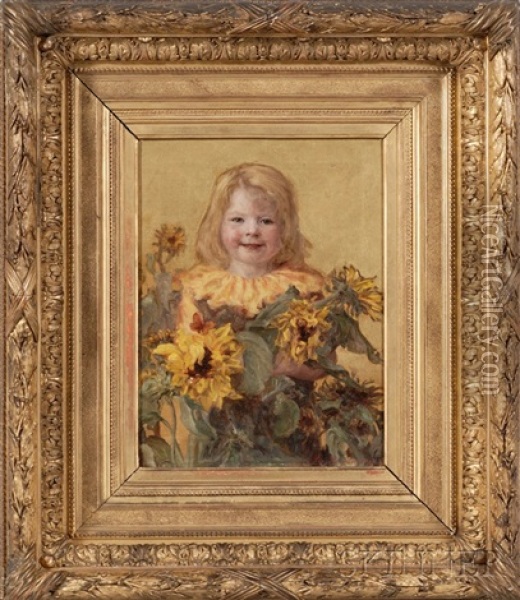 Portrait Of A Young Girl With Sunflowers Oil Painting - Leis (Georgia Elise) Schjelderup