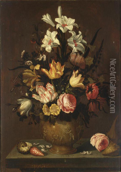 A Still Life With White Lilies, Tulips, Roses, Marigolds, Daffodils And Other Flowers In A Sculpted Stone Vase Adorned With Putti, Together With A Rose And Shells On A Stone Ledge Oil Painting - Anthony I Claesz