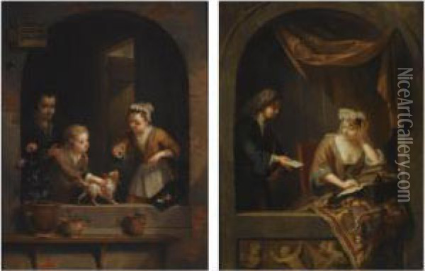 Two Young Children Playing With A Dog In A Niche, Together With Anelderly Woman Oil Painting - Arnold Houbraken