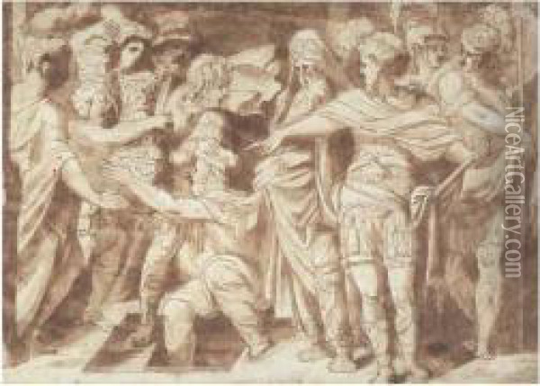 Scene D'histoire Ancienne Oil Painting - Rancesco De' Rossi (see Salviati, Cecchino Del)