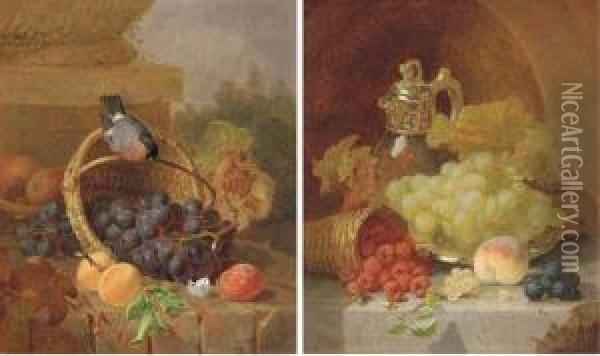 Still Life Of Fruit, A Bullfinch
 And A Butterfly; And Still Life Offruit On A Silver Salver With A Jug Oil Painting - Eloise Harriet Stannard