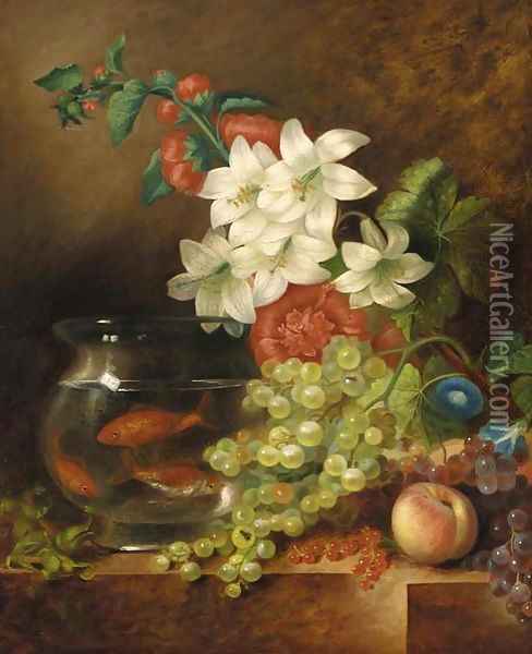 Grapes, lilies, hollyhocks, convolvulus, cobnuts, redcurrants, a peach and goldfish in a bowl, on a marble ledge Oil Painting - George Lance