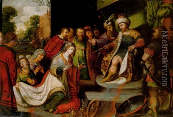 Salomon And The Queen Of Sheba Oil Painting - Ambrosius Francken the Elder