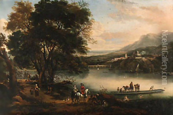 A river landscape with an elegant couple on horseback by a ferry, a fortress and town beyond Oil Painting - Jan Wyck