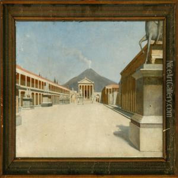 Forum In Pompei, In The Background Vesuvius Smoulders Oil Painting - Josef Theodor Hansen