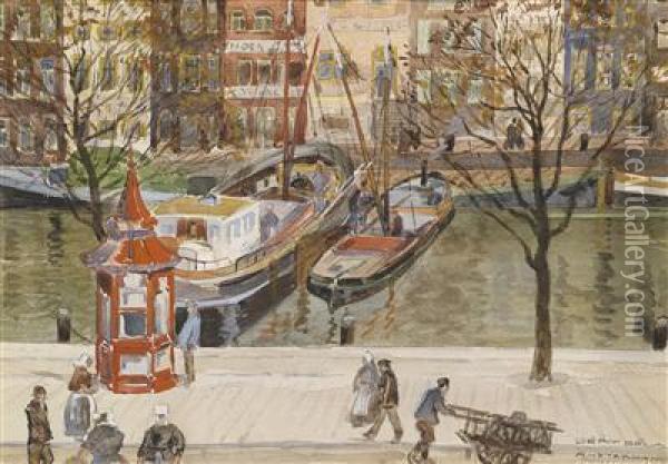 Gracht Inamsterdam Mit Booten Und Kiosk Oil Painting - Bela Dery