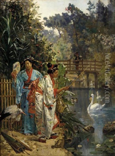 Beijins Fishing In An Ornamental Pond Oil Painting - Edouard Castres