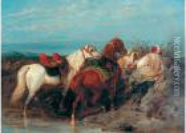 < Les Guetteurs >. Oil Painting - Adolf Schreyer