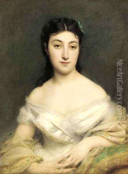 Portrait of a young lady in a white dress, half-length, seated, clad in an embroidered chiffon shawl Oil Painting - Jean Jalabert
