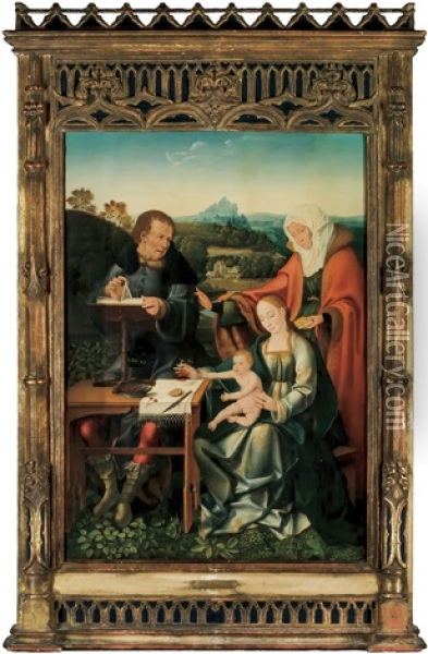 Virgin And Child, Saint Joseph And Sainte Anne In A Landscape Oil Painting - Joos Van Cleve