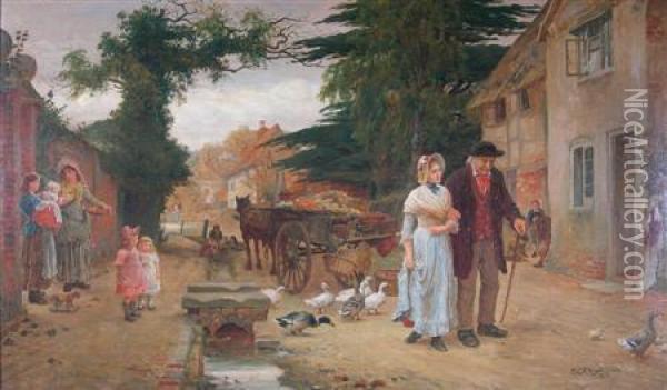 A Stroll Through The Village Oil Painting - Robert W. Wright