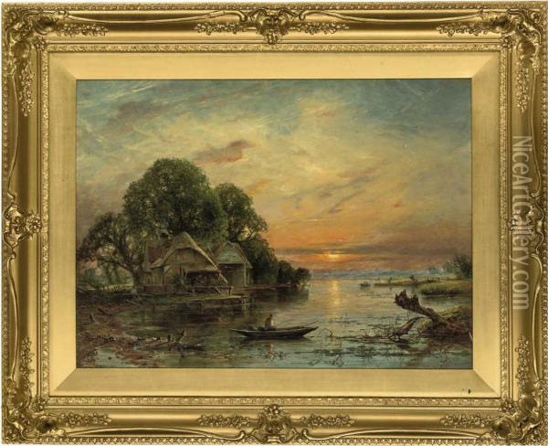 An Angler On The River At Sunset Oil Painting - William W. Gosling