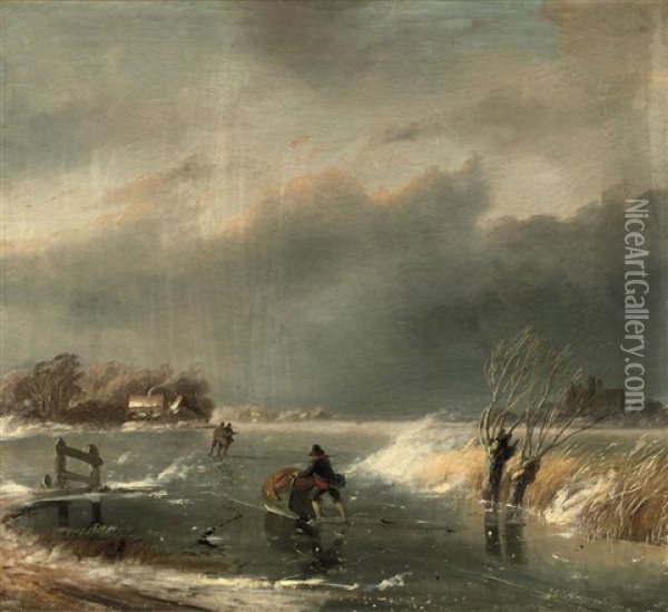 Figures On A Frozen Lake Oil Painting - Nicolaas Johannes Roosenboom