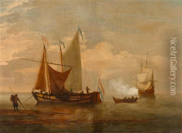 Marineszene Mit Zwei Segelbooten Und Einem Ruderboot Oil Painting - Hendrik Jacobsz Dubbels