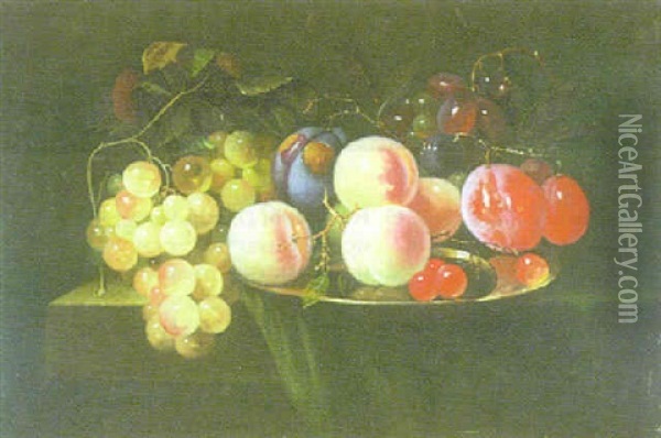 Still Life Of Grapes, Plums, Peaches On A Pewter Plate, All Upon A Table Top Draped With A Green Drape Oil Painting - Cornelis De Heem