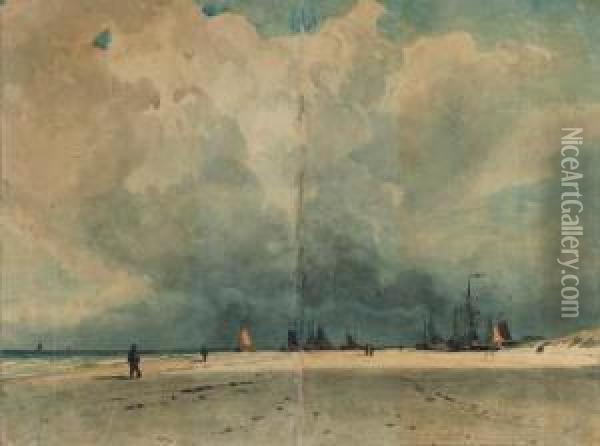 Fishing Boats On A Beach 
(recto); Study Of A Fisherman Resting Onwooden Boatparts (verso) Oil Painting - W.A. van Deventer