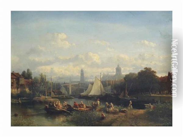 A Capriccio View Of Amsterdam With Figures Preparing For A Boattrip On A Sunny Day Oil Painting - Salomon Leonardus Verveer