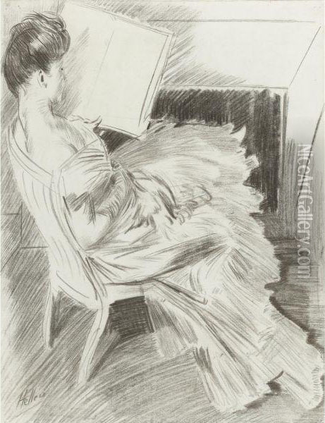 Madame Helleu Reading Near The Fireplace Oil Painting - Paul Cesar Helleu