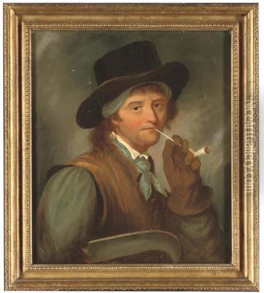 A Labourer, Bust-lenght, Smoking A Pipe, Holding A Hedging Scythe Oil Painting - Thomas Barker of Bath