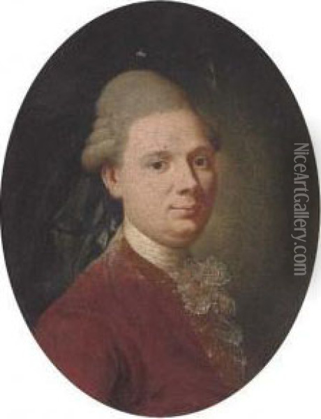 Portrait Of A Gentlemen, Bust-length, In A Red Coat Oil Painting - Alexander Roslin