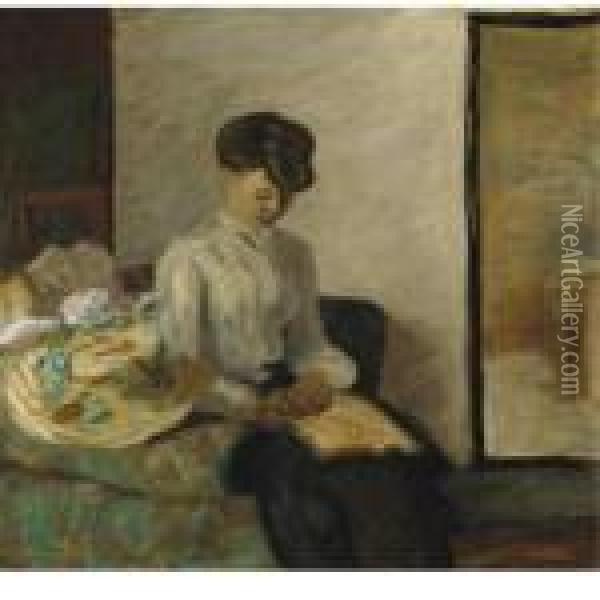 Jeune Femme Lisant, Chapeau, Fleurs Oil Painting - Pierre Bonnard